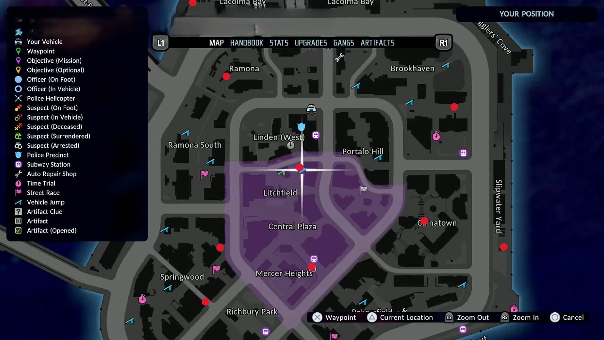 The red dots indicate locations for the South of Averno artifacts in The Precinct (Image via Kwalee//YouTube@The Hidden Object Guru)